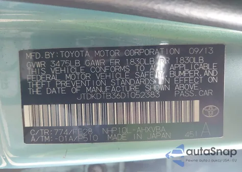 2013 Toyota Prius C One from USA, damaged, VIN JTDKDTB36D1052383